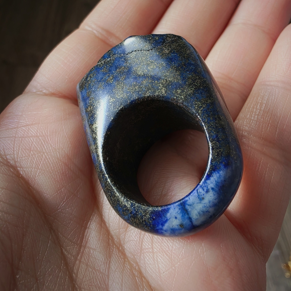 Carved Lapis Lazuli Chunky Band Ring Real Stone Pyrite Inclusions Size 7 - Picture 7 of 15